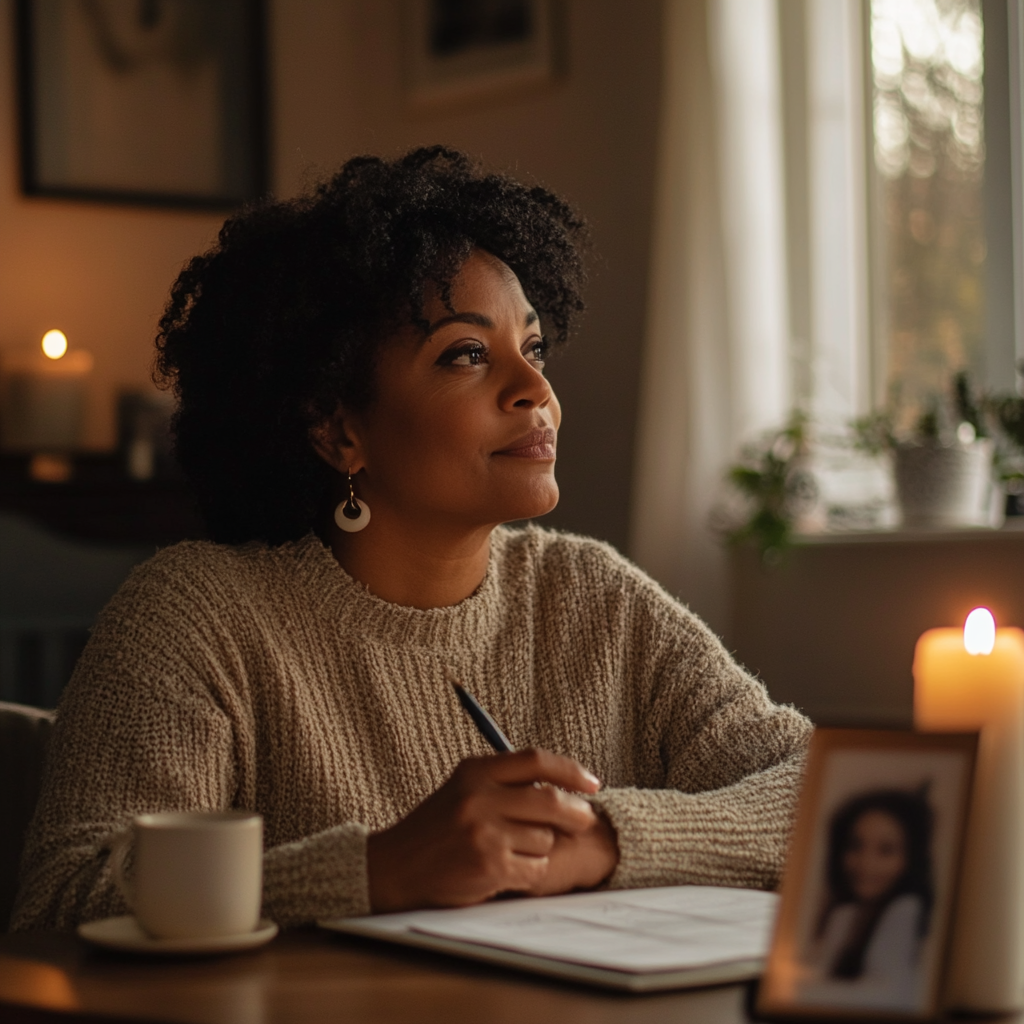 Woman writing funeral planning checklist at home desk with family photo and candles